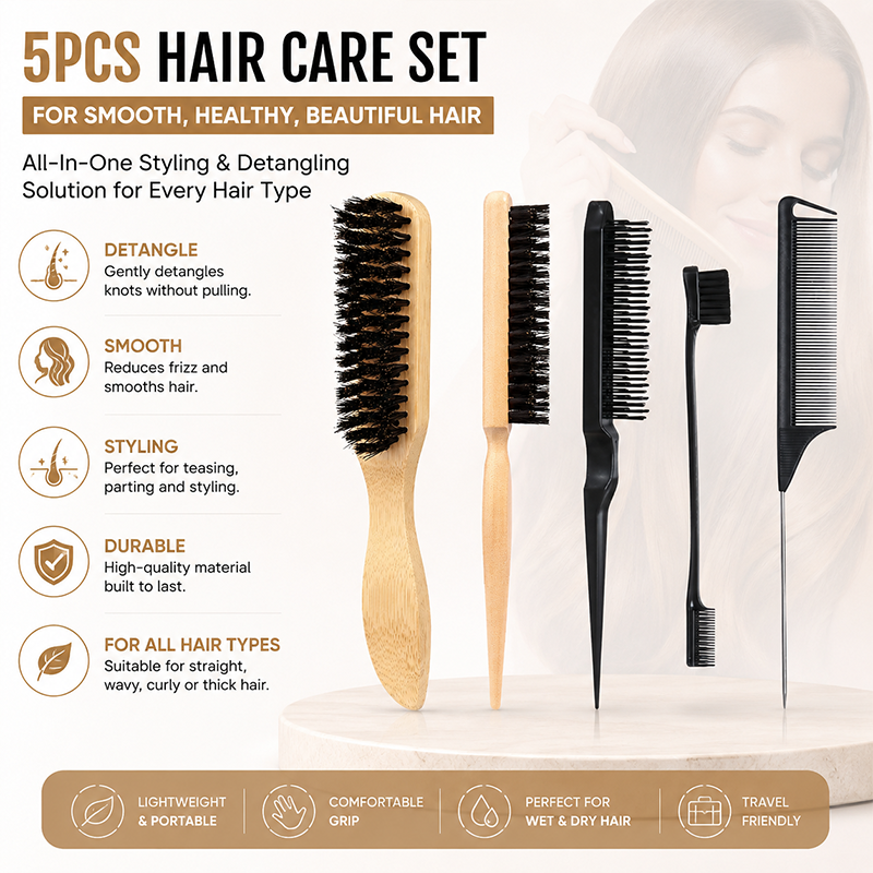 Conjunto de 5 ferramentas de modelagem de cabelo com pentes de bambu e acessórios pretos para desembaraçar e controlar