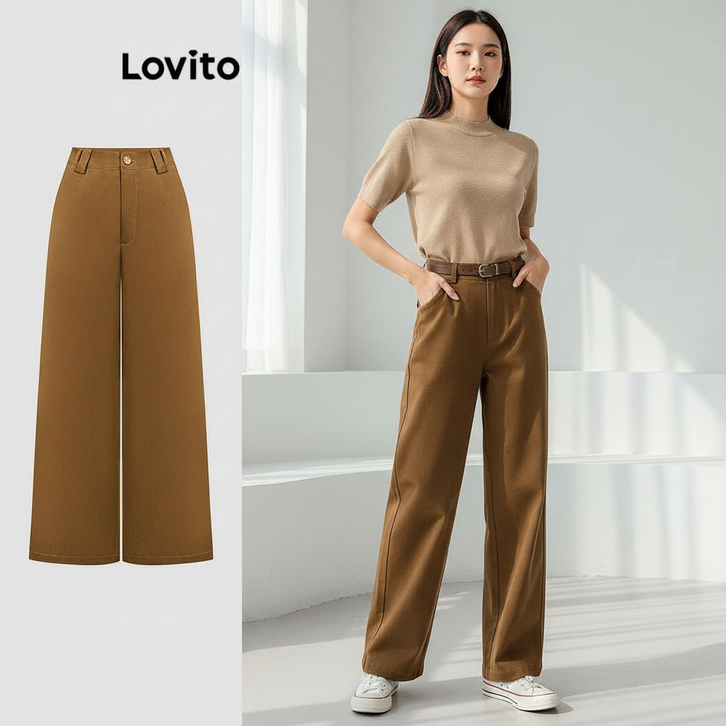 Lovito Calça Casual Feminina Lisa Estilo Básico L110AD480 em Oferta na Shopee