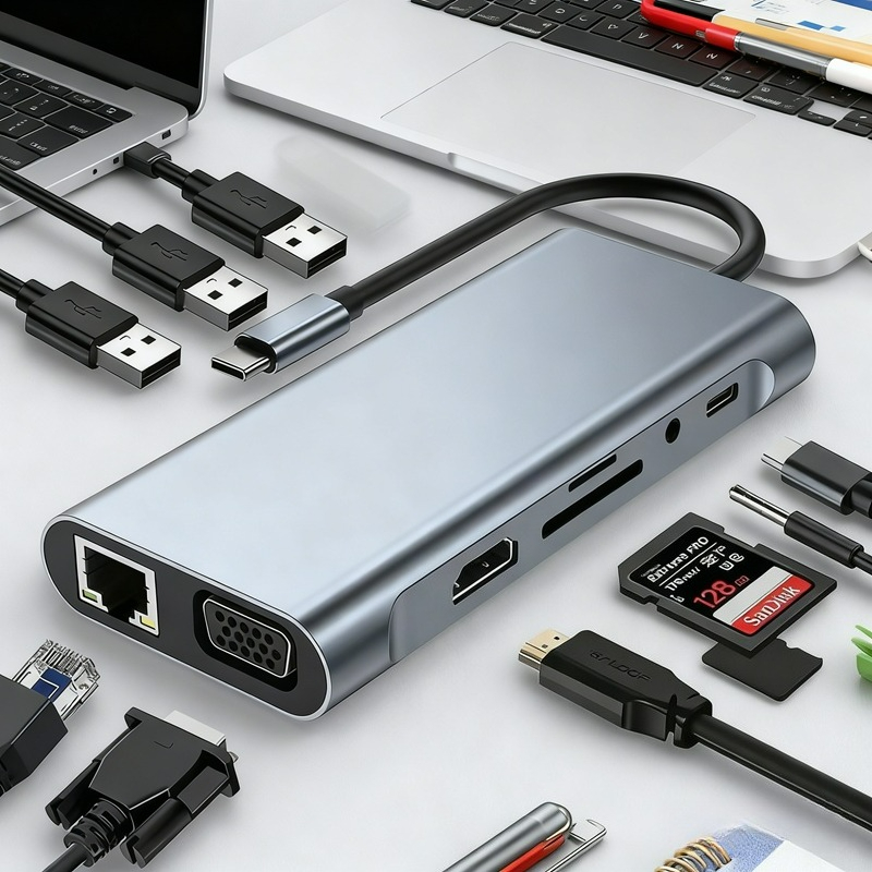 Adaptador 11 em 1 USB 3.0 HDMI 4K VGA Tipo C, Leitor de cartões SD/TF, Entrada de áudio AUX 3,5 mm, Hub e Dock para PC,