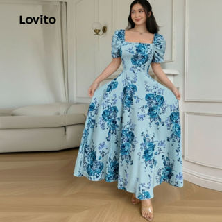 Lovito Vestido Azul Boho Retrô com Franzido e Barra de Babados para mulheres Primavera/verão LBL27221 em Oferta na Shopee
