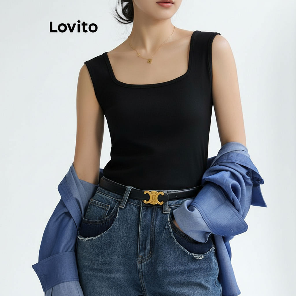 Lovito Regata Casual Simples Básica Para Mulheres LNL56078 em Oferta na Shopee