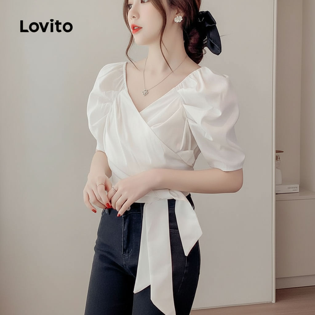 Lovito Blusa Feminina Lisa com Amarração Elegante LNE61187 em Oferta na Shopee