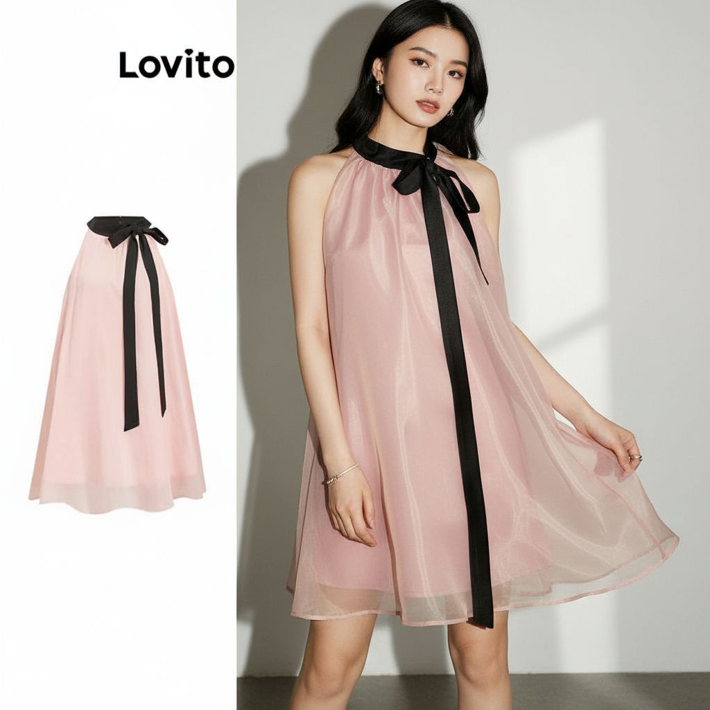 Lovito Vestido Feminino Casual Liso Dupla Camada Com Gola E Laço Frontal L109MD177 em Oferta na Shopee