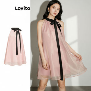 Lovito Vestido Feminino Casual Liso Dupla Camada Com Gola E Laço Frontal L109MD177 em Oferta na Shopee