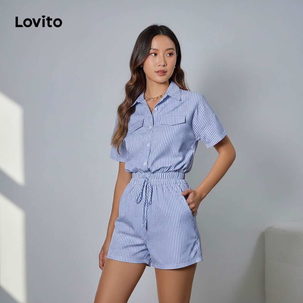 Lovito Macacão Sofisticado Listrado Com Bolso Decorativo E Botão Feminino LBL18268 em Oferta na Shopee