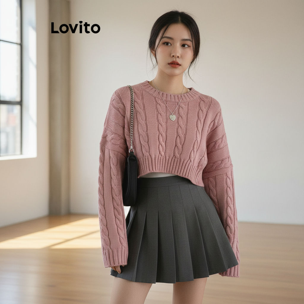 Lovito Suéter Jacquard Liso Casual Solto Feminino L106AD130 em Oferta na Shopee