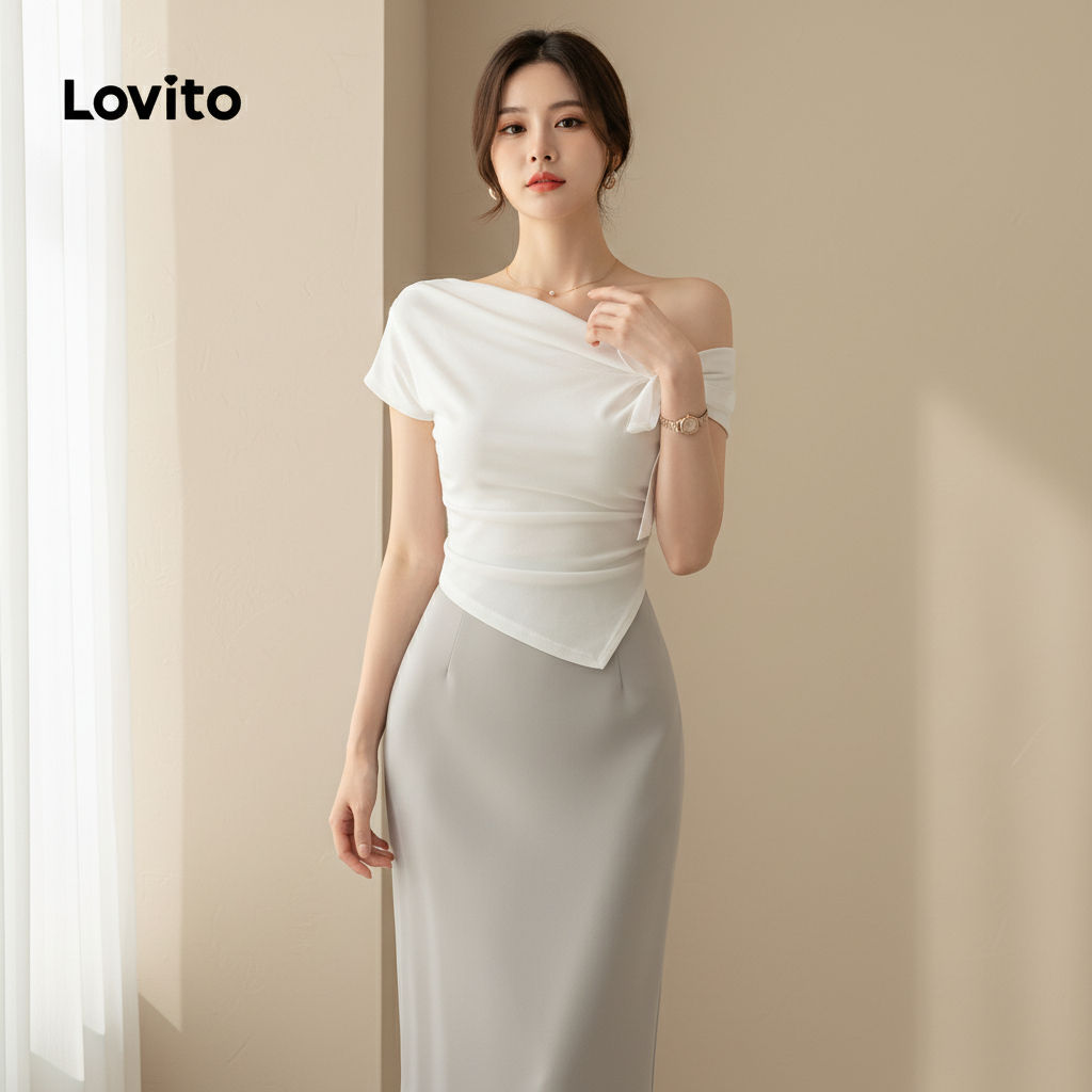 Lovito Refine Camiseta Feminina Lisa Assimétrica com Amarração L99ED266 em Oferta na Shopee