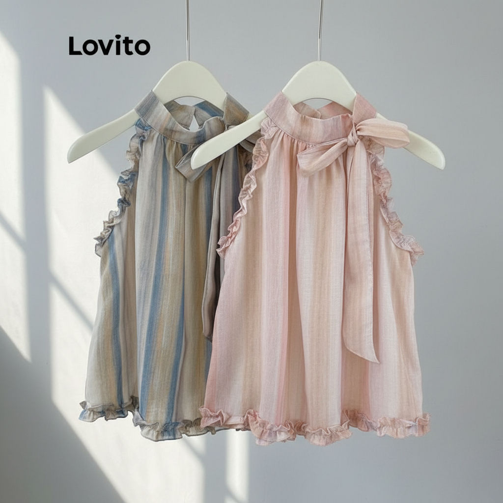 Lovito Blusa Casual Feminina Listrada Com Amarração E Borda Franzida LNE68252 em Oferta na Shopee