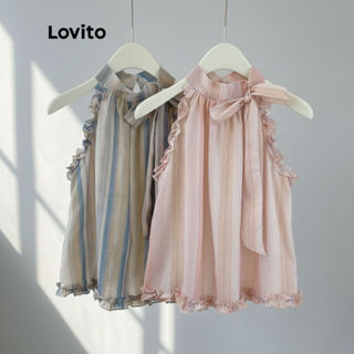 Lovito Blusa Casual Feminina Listrada Com Amarração E Borda Franzida LNE68252 em Oferta na Shopee