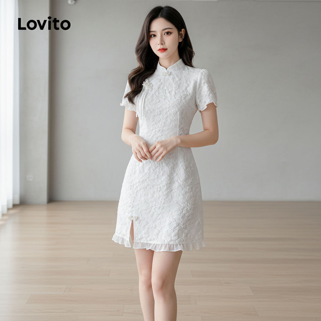 Lovito Vestido Casual Feminino Liso com Recorte Dividido LNA42086 em Oferta na Shopee