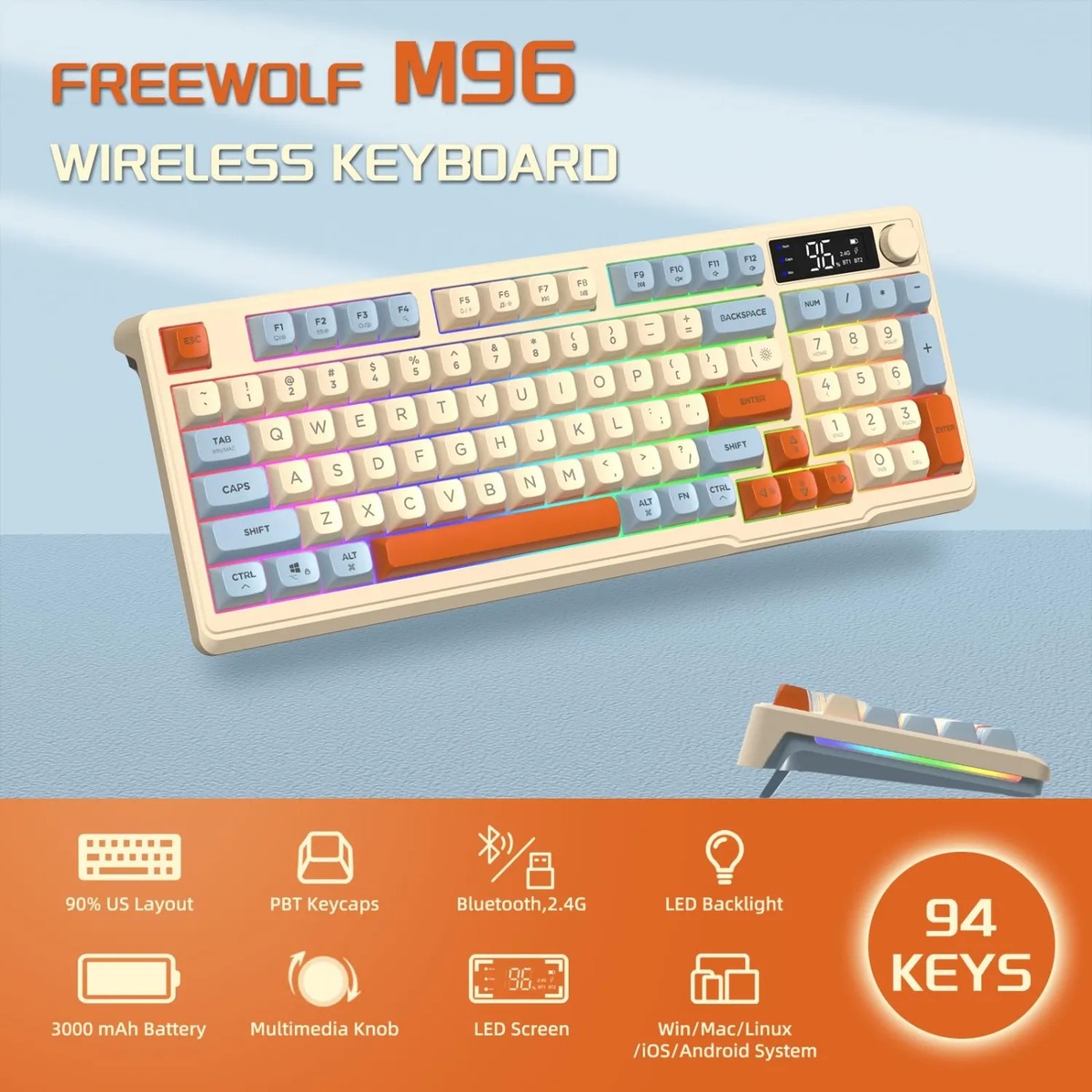 FREEWOLF M96 Teclado Sem Fio Bluetooth Dual-Mode Teclas PBT Botão de Tela Bateria de Lítio