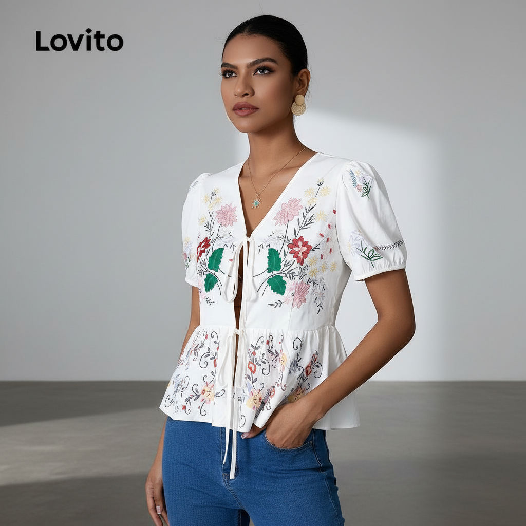 Lovito Blusa Boho Floral Amarração Tropical Feminina Para Verão Primavera LBL20087 em Oferta na Shopee