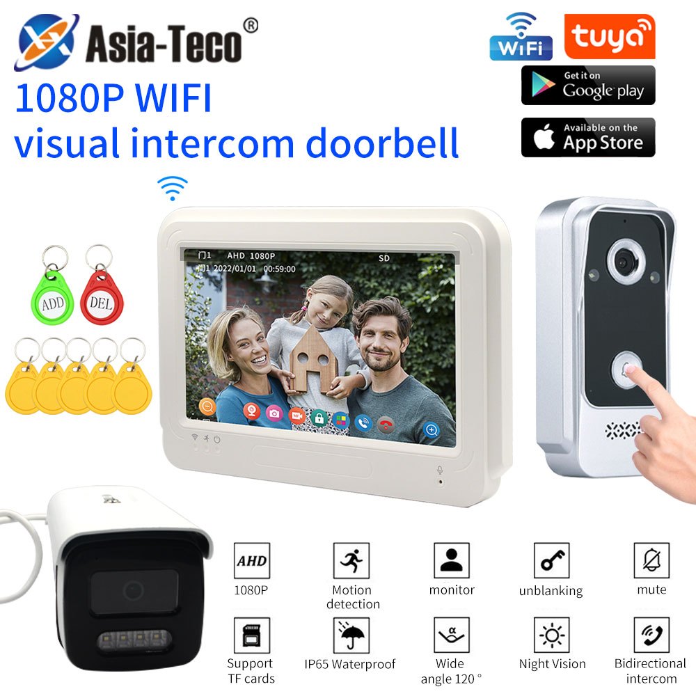 Campainha de Vídeo Smart WiFi com Monitor de 7 Polegadas, Interfone, Campainha Externa AHD, Aplicativo, Segurança