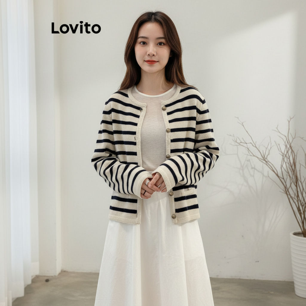 Lovito Cardigan Feminino Listrado com Botões Metálicos Frontais LNE36135 (Multicolorido) em Oferta na Shopee