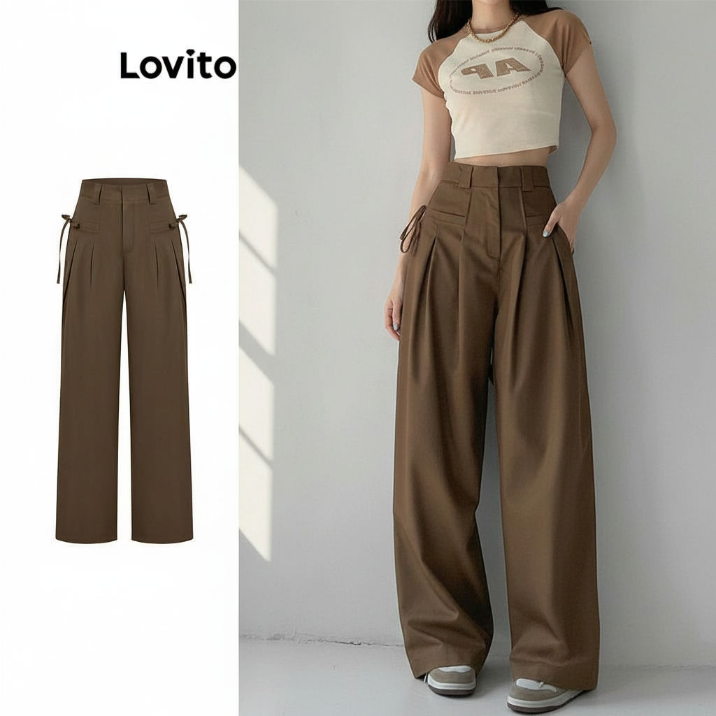 Lovito Calça Feminina Casual Lisa Com Gravata E Cordão Frontal Drapeada L102AD026 em Oferta na Shopee