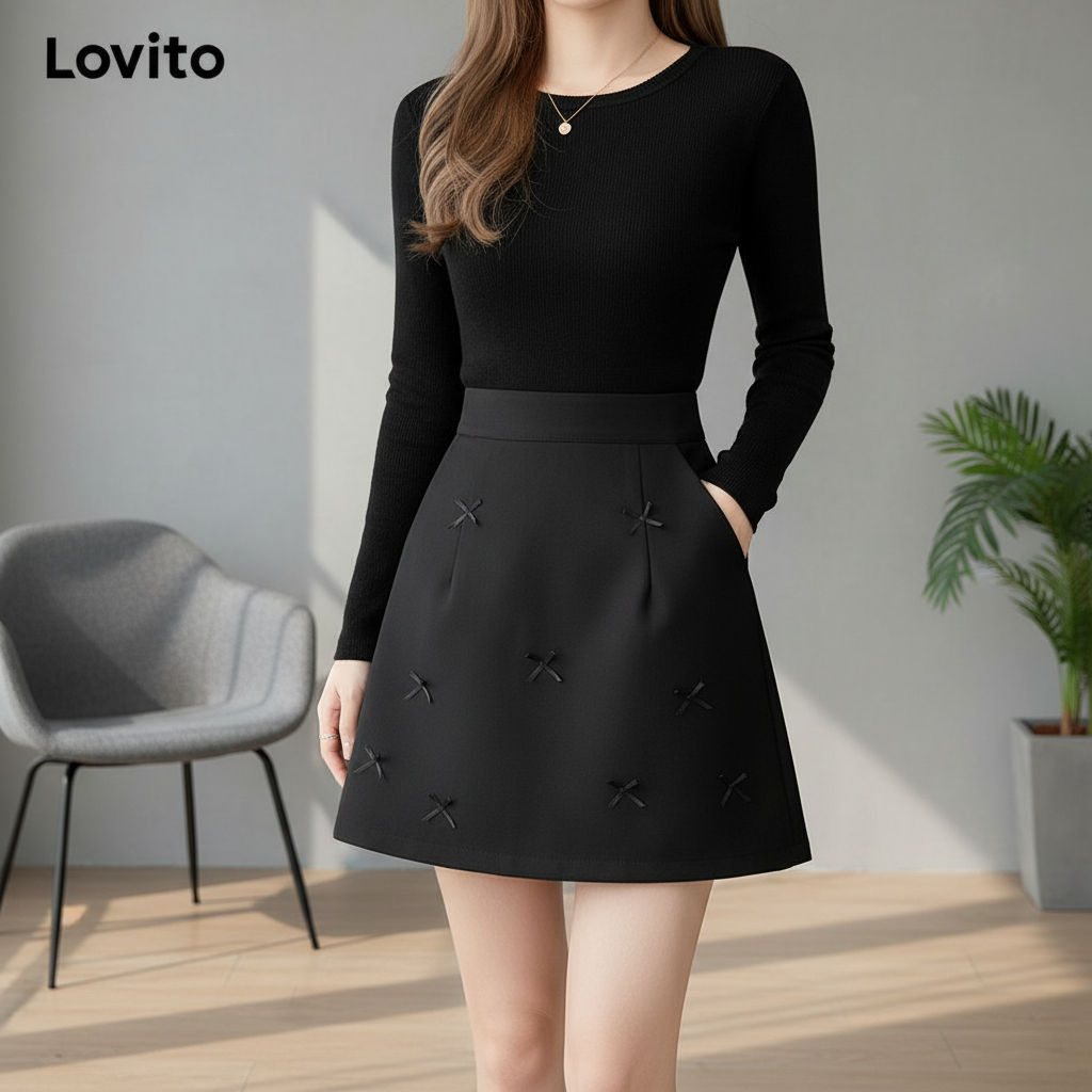 Lovito Saias Casuais Saia Feminina de Laço Lisa LNA68205 em Oferta na Shopee