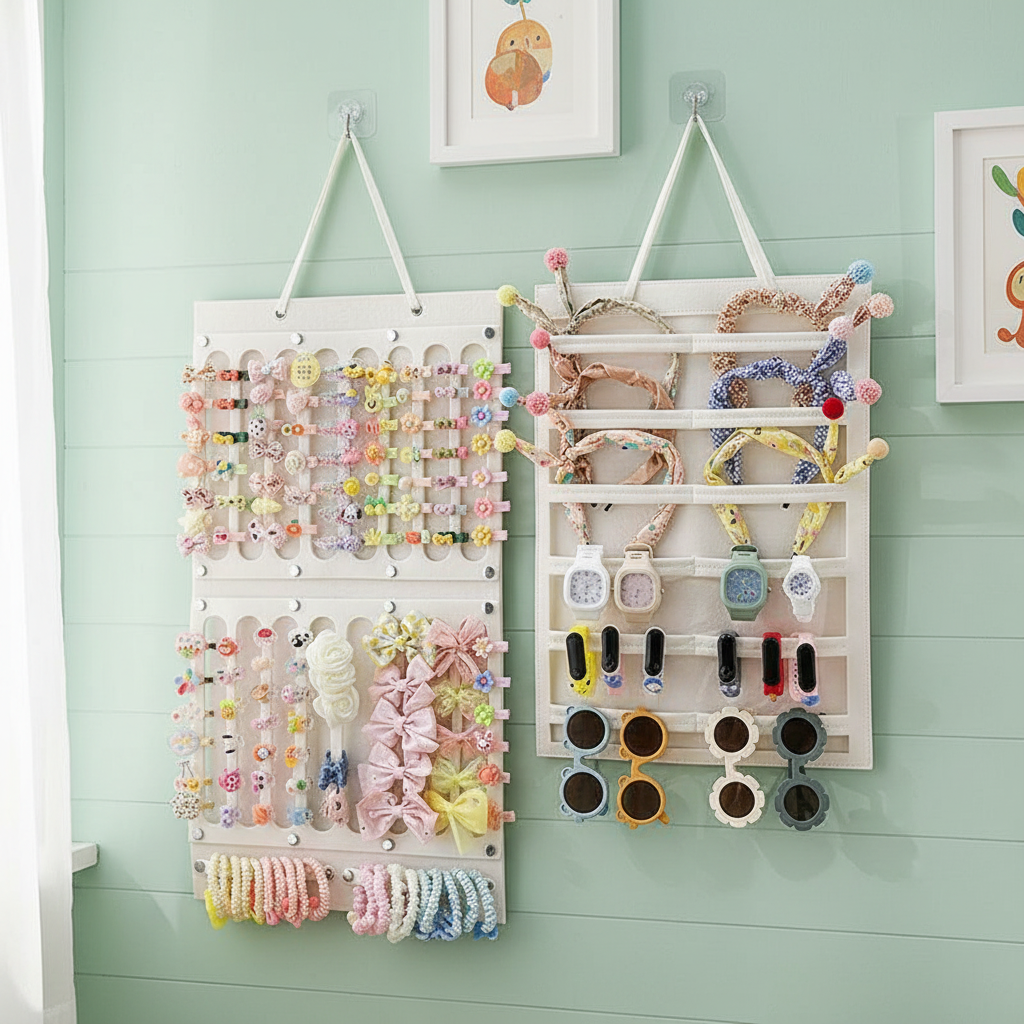  Organizador de Acessórios de Cabelo para Parede Infantil - Suporte para Presilhas, Elásticos e Caixa de Joias