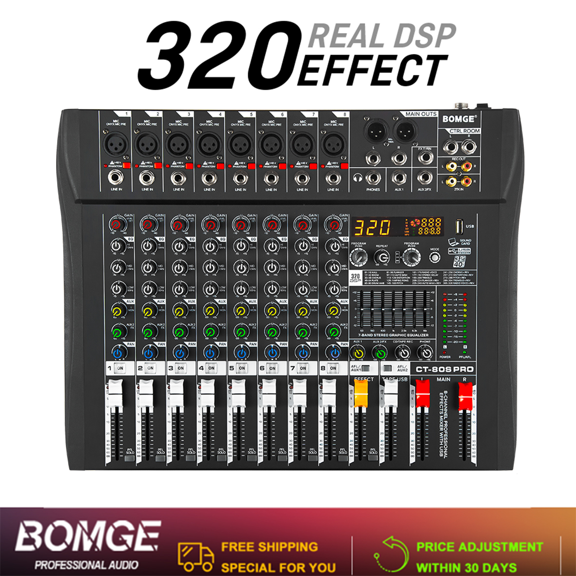 O mixer de áudio BOMGE é um equipamento profissional com capacidade de mixagem digital de DJ. Ele suporta USB Bluetooth