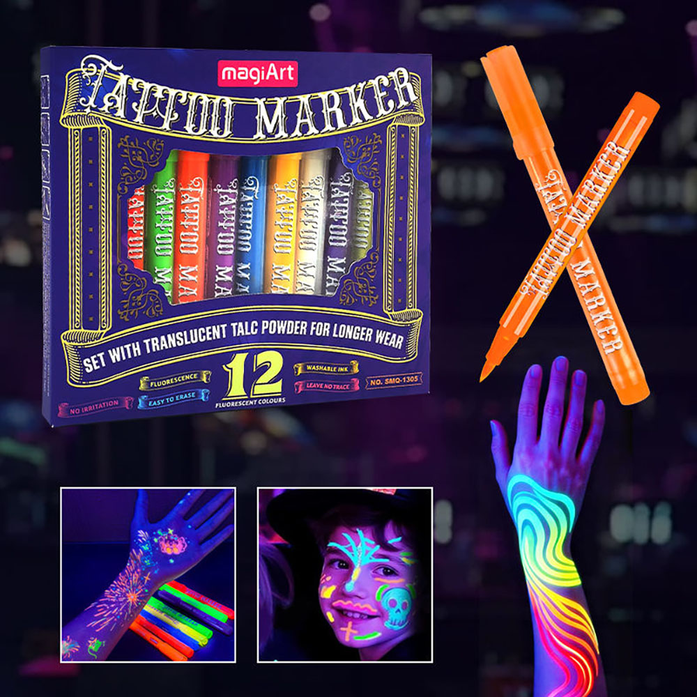 Caneta de maquiagem luminosa UV ecológica mais vendida 12 unidades, marcador de pintura com ponta macia, secagem rápida