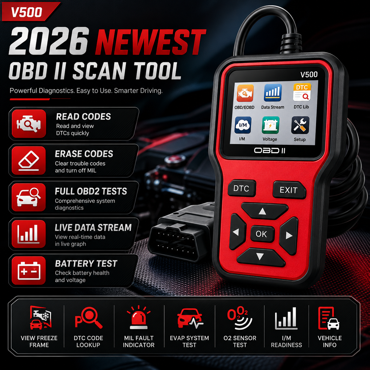 Scanner de Diagnóstico Automotivo para Carro OBD2 V500 - Leitor de Códigos de Falha do Motor, Testador de Tensão e