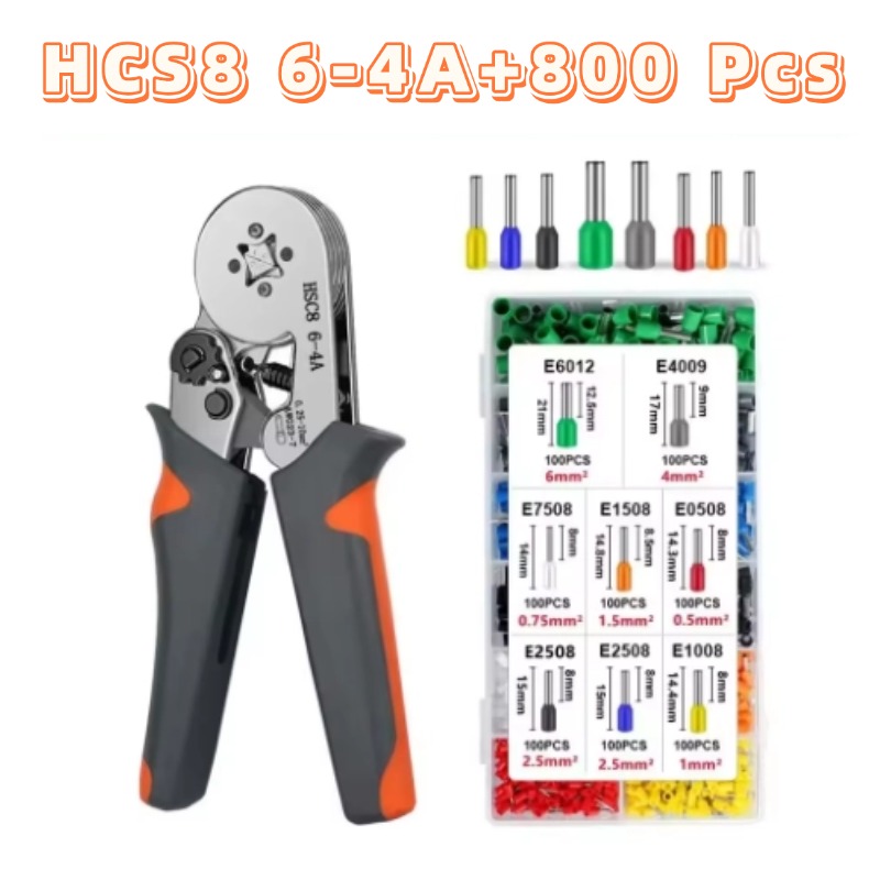Alicate de Crimpagem Terminal Tubular HSC8 6-4A + 800 peças Mini Crimpador de Ferrulas Kit Elétrico Doméstico com Caixa