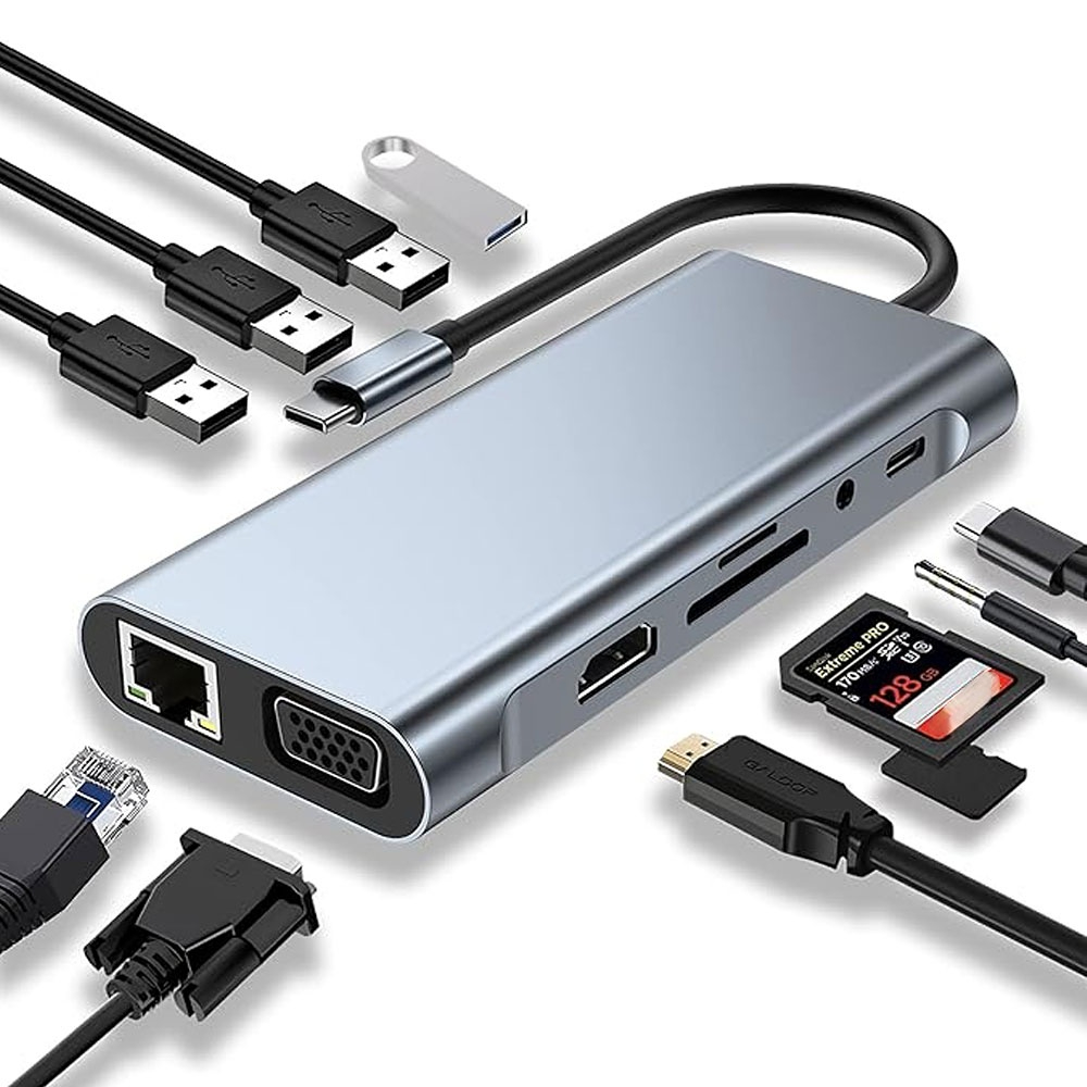 Hub USB-C 11 em 1: HDMI 4K, VGA, PD 100W, USB 3.0, RJ45, leitor SD/TF, dock 3,5 mm