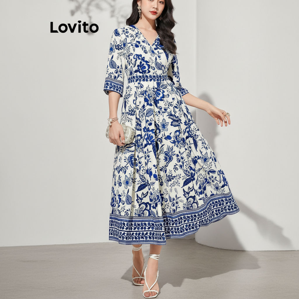 Lovito Vestido Sofisticado com Estampa Floral Delicada para Mulheres LNL67129 em Oferta na Shopee