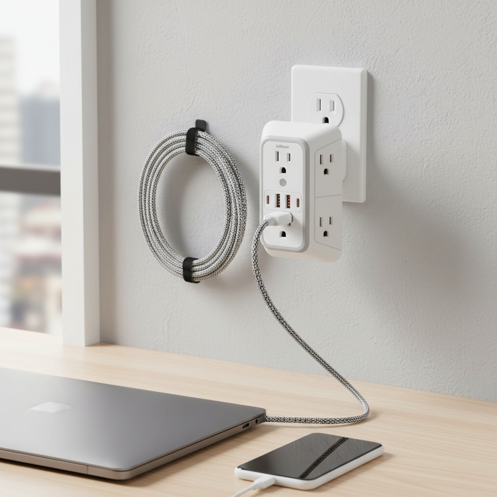 Extensor de Tomada 3 Faces com Proteção contra Surtos - 6 Saídas, 4 Portas USB (2 USB-C), Expansor de Carregador de