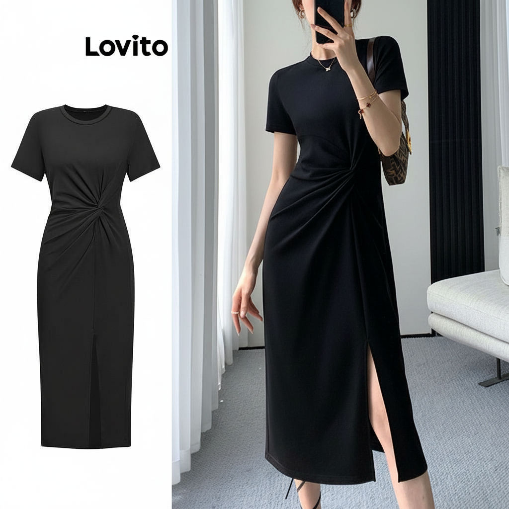 Lovito Vestido Feminino Casual Com Amarração Frontal, Ideal Para Verão E Primavera L83ED366