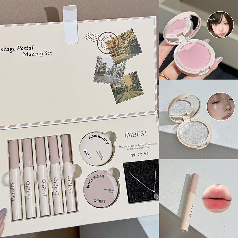 Conjunto de Maquiagem QIBEST Série Menina Retro Envelope, Batom Matte, Blush, Iluminador, Conjunto Fofo de Colar
