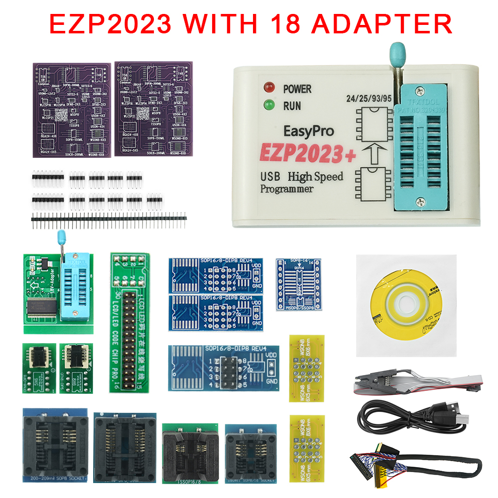 Programador EZP2023 USB SPI + Adaptadores 12/15/18 Suporte 24 25 93 95 EEPROM Flash Bios Para Chip Windows Ch554T Com SM