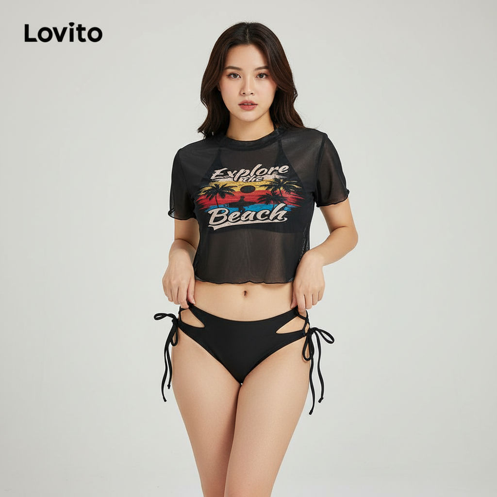 Lovito Conjunto Boho Com Letras E Recortes Em Malha, Conjunto De Biquíni Verão/primavera Para Mulheres LBL19756 em Oferta na Shopee