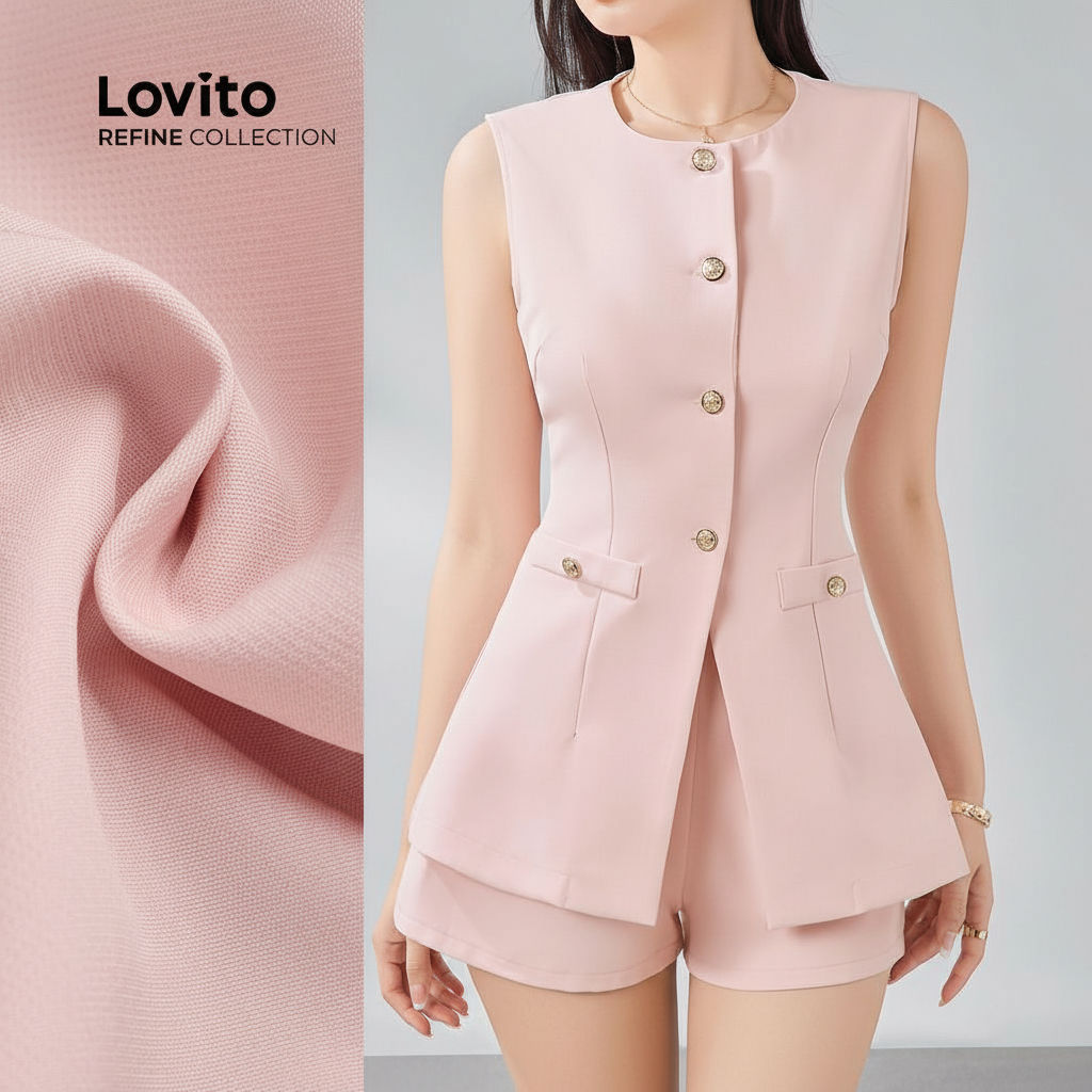 Lovito Refine Conjuntos de Shorts com Botão Bolso Falso Primavera Verão Blusa Rosa Shorts LR13E213 em Oferta na Shopee