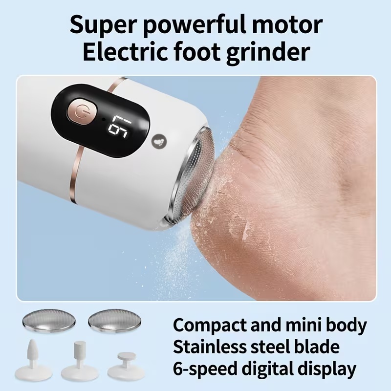Ferramenta Elétrica Recarregável 6 Níveis para Pedicure Removedor de Calos de Pés com 5 Cabeçotes de Lixa Kit de Viagem