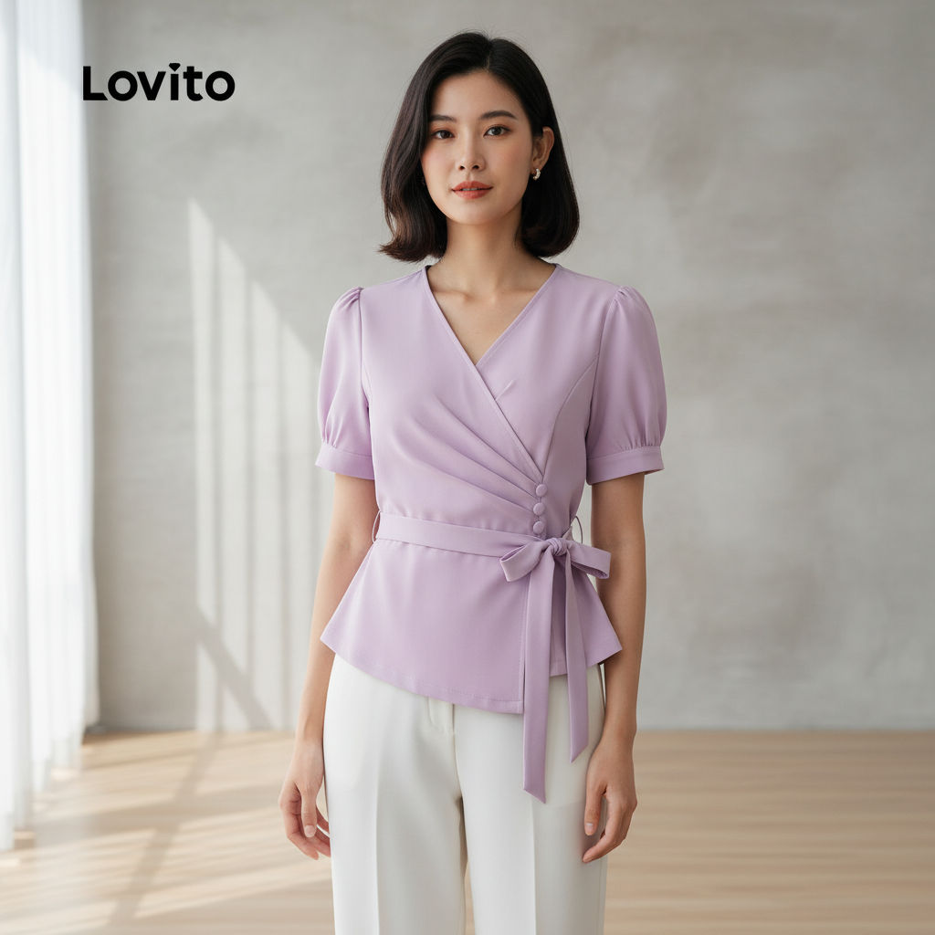 Lovito Blusa Sofisticada com Botões e Cordão, Camisa Roxa Feminina Primavera/Verão L134ED818 em Oferta na Shopee