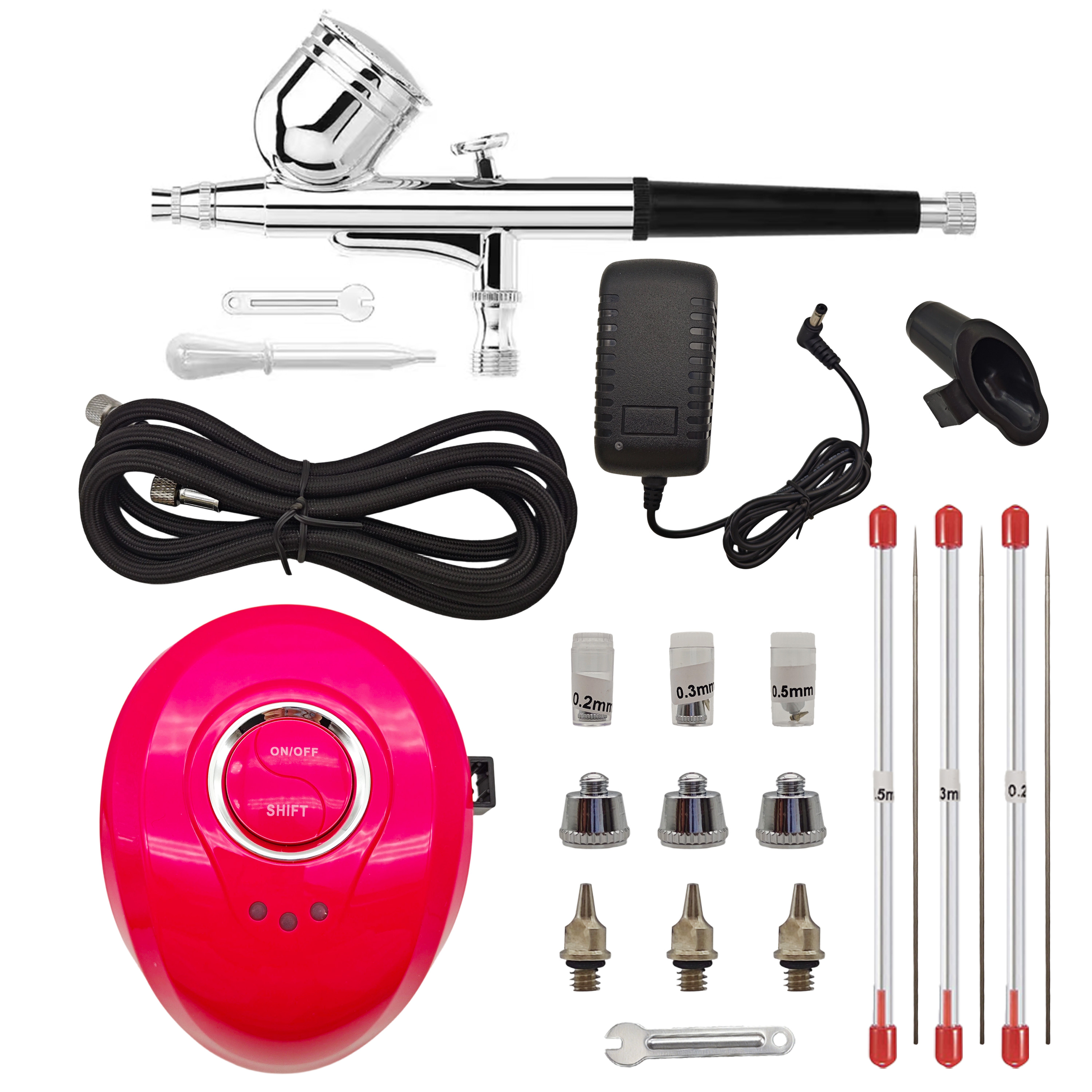 Kit Aerógrafo Portátil com Compressor, Pistola de Dupla Ação com Bicos 0,2/0,3/0,5 mm para Nail Art e Pintura