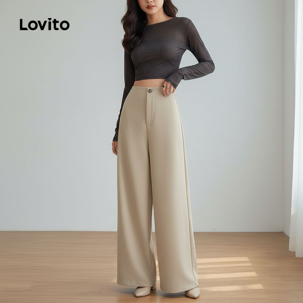 Lovito Calça Feminina Casual Lisa Com Botões, Calça Verão Primavera L132ED052 em Oferta na Shopee