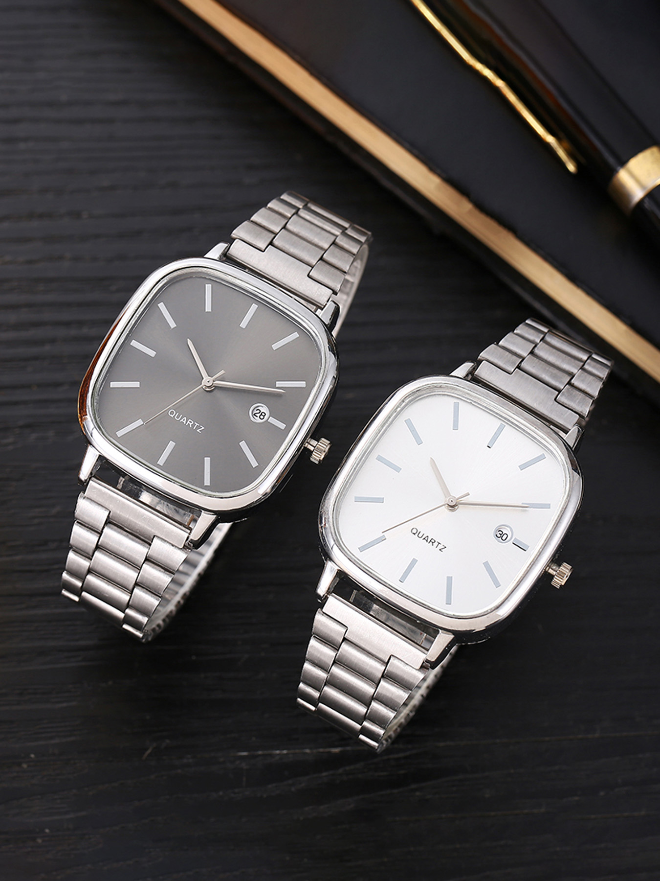 1pc Conjunto Feminino Luxo Ouro Quadrado Dial Relógio De Quartzo Com Marcas Minimalistas Pulseira De Metal Ins Estilo Na