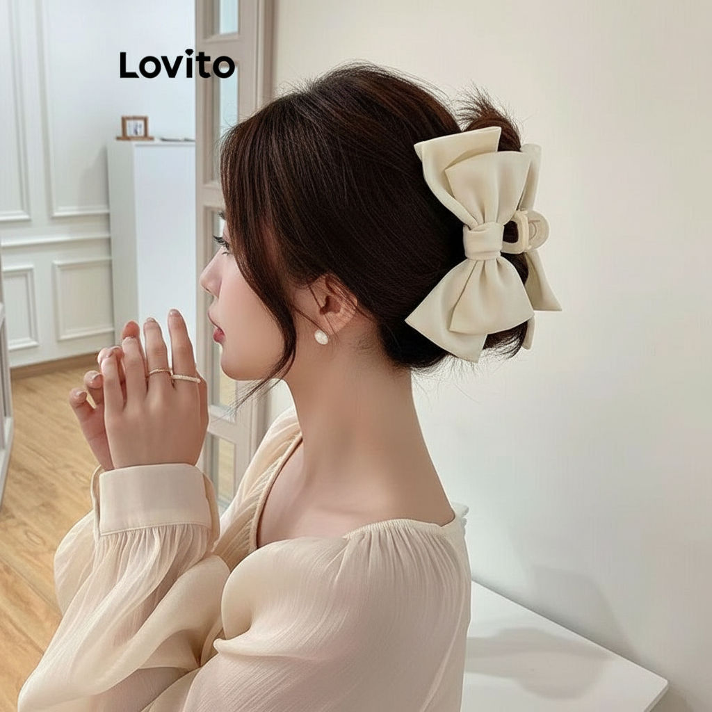 Lovito Grampos De Cabelo Lisos Com Laço Para Mulheres LFA08154 (Branco/Rosa/Azul/Preto) em Oferta na Shopee