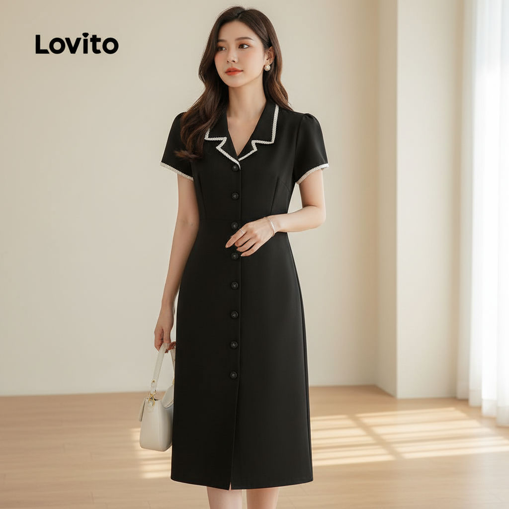 Lovito Refine Vestido Feminino Com Botões Lisos E Acabamento Contrastante L104ED692 em Oferta na Shopee