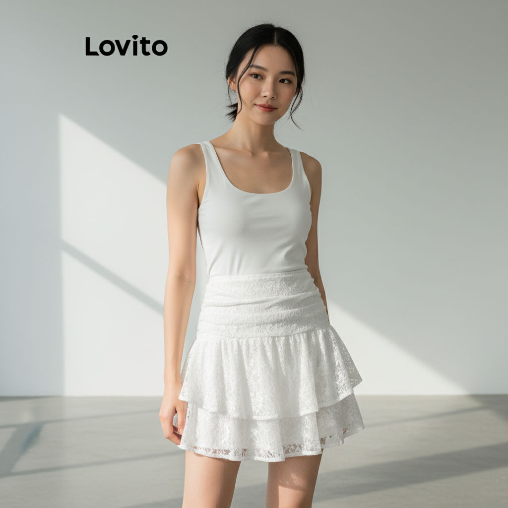 Lovito Saia Feminina Fofa Drapeada Com Babados Lisos L101AD029