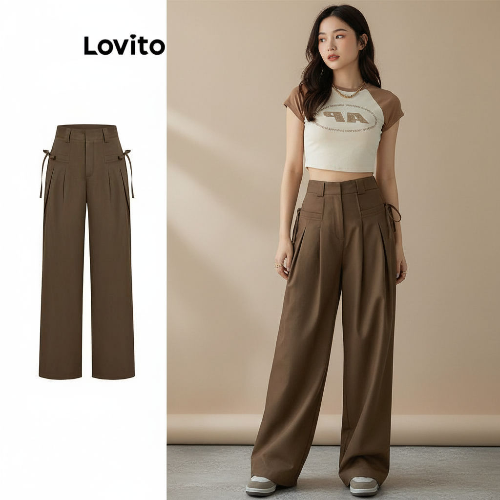 Lovito Calça Feminina Casual Lisa Com Gravata E Cordão Frontal Drapeada L102AD026 em Oferta na Shopee
