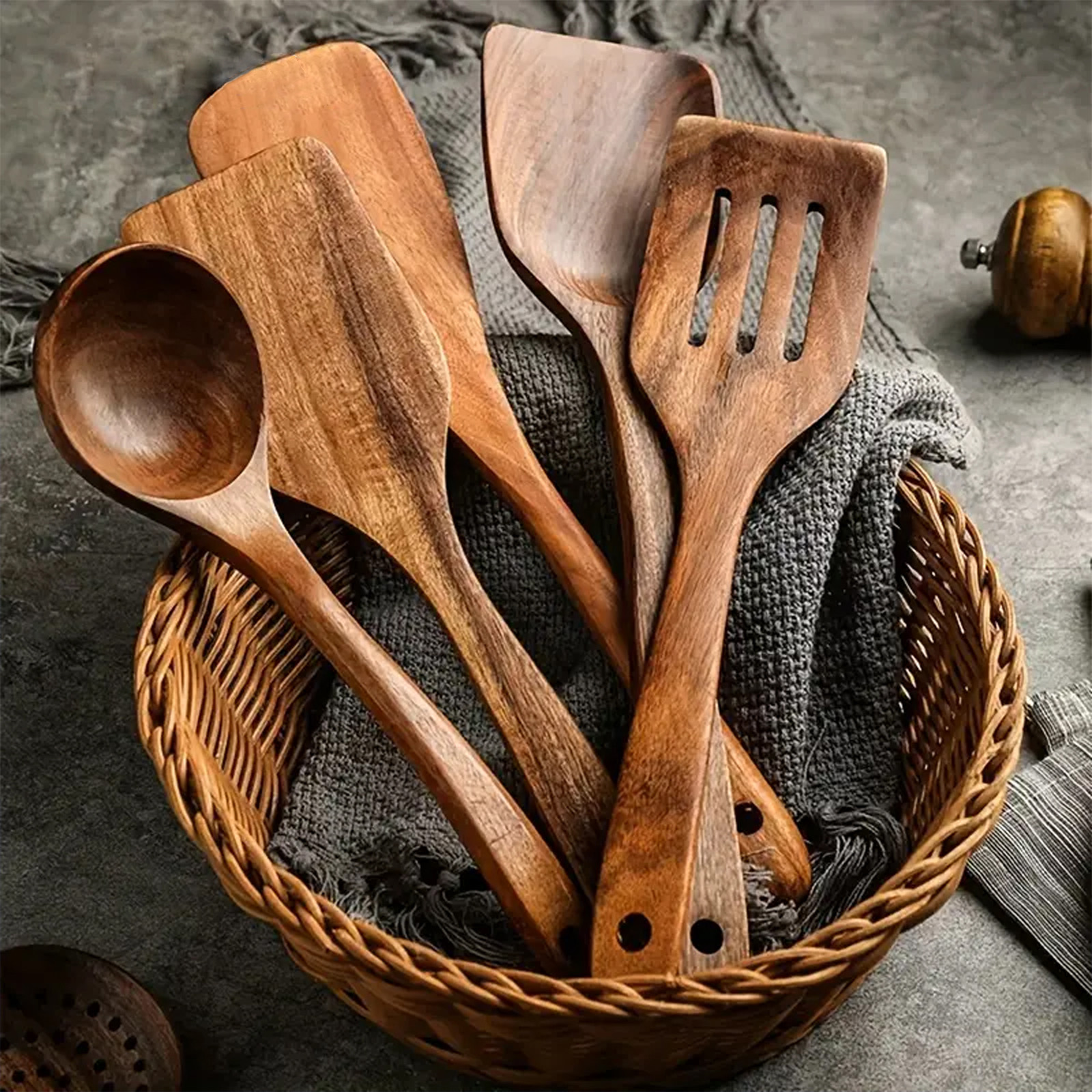 Conjunto De Utensílios De Madeira Antiaderentes Ecológicos 5 Unidades , Virador De Espátula De Colher Resistente Ao Calo