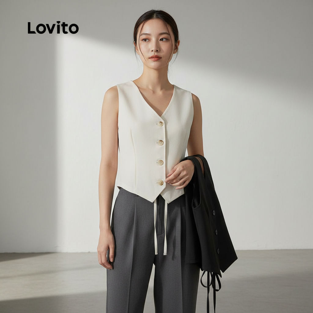 Lovito Regata Casual Feminina Lisa Com Amarração L67AD041 (Preto) em Oferta na Shopee