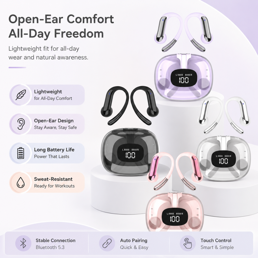 Fones de ouvido sem fio Bluetooth 5.4, fones estáveis, redução de ruído, HiFi para jogos, fones de ouvido para uso o dia