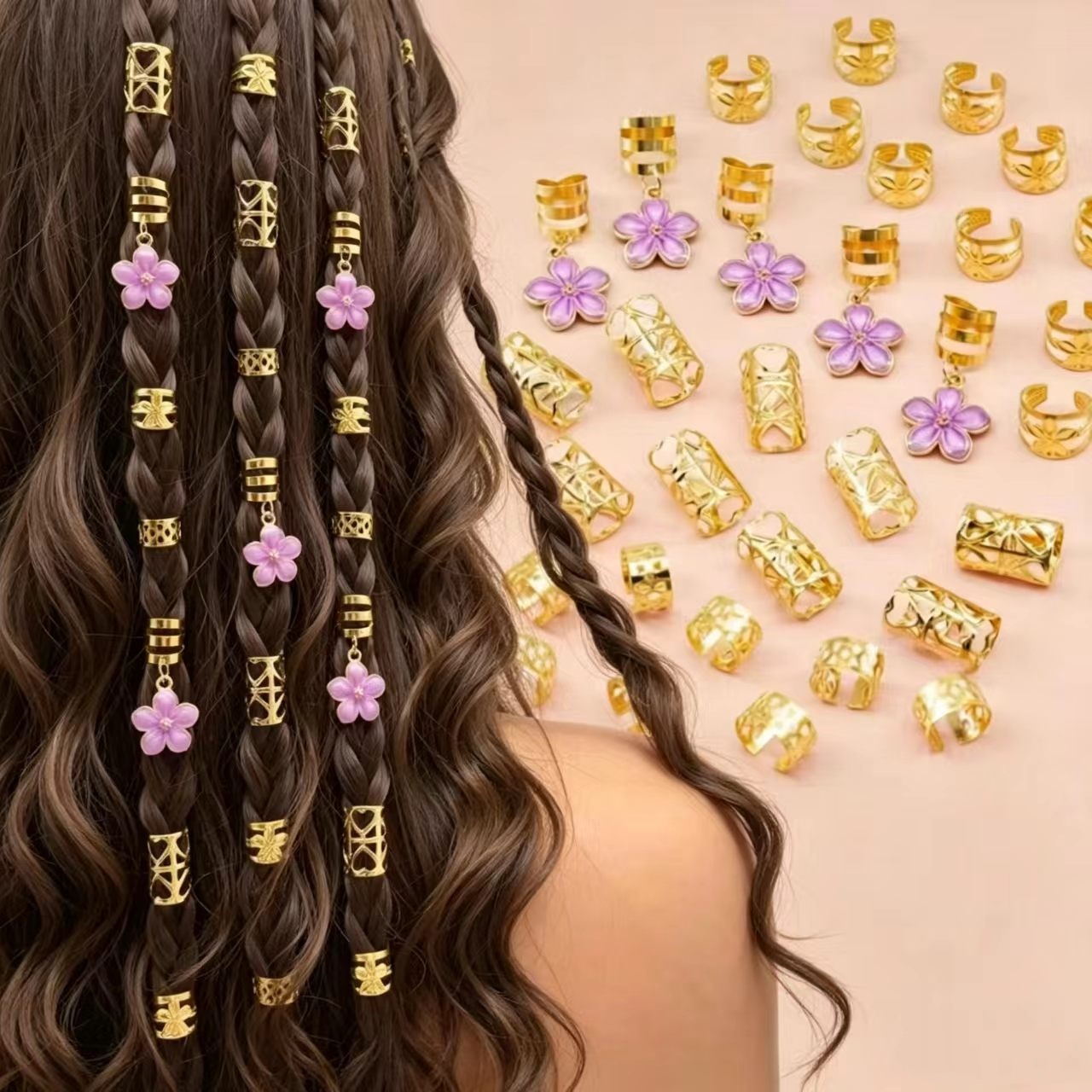 35 Pçs Floral Pingente Cabelo Dreadlock Anéis Ouro Oco Trança Para Boho Tranças & Rabos De Cavalo Acessórios O