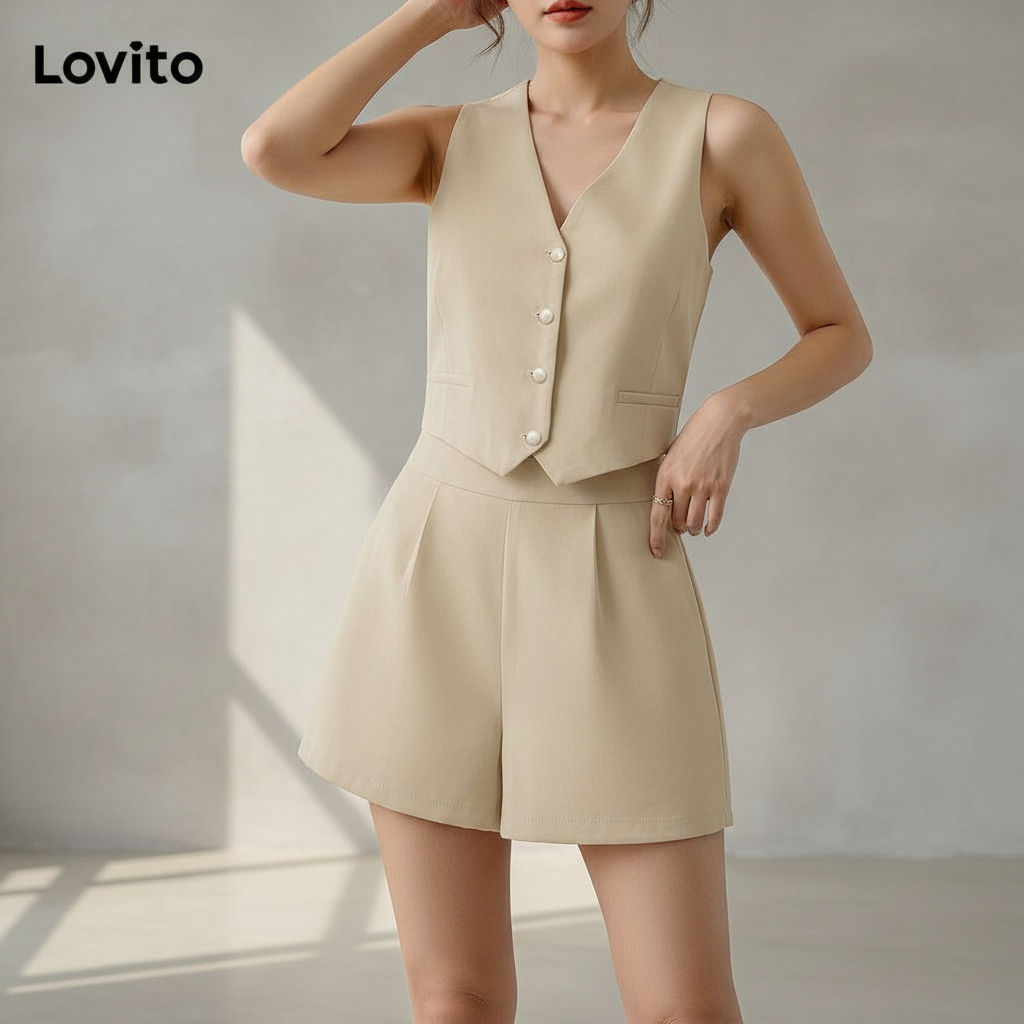 Lovito Conjunto De Shorts Femininos Sofisticados Com Botões Lisos E Bolsos Frontais L74ED069 em Oferta na Shopee