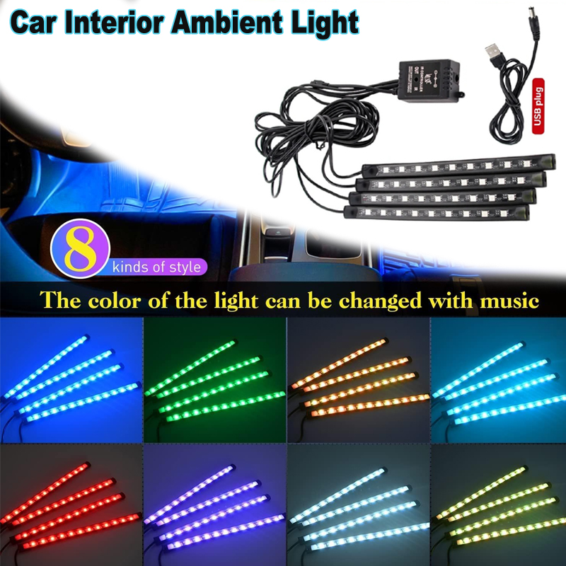 Luz Ambiente para Interior de Carro com LED Pés com USB, Controle Remoto Sem Fio, Controle por Aplicativo Musical e