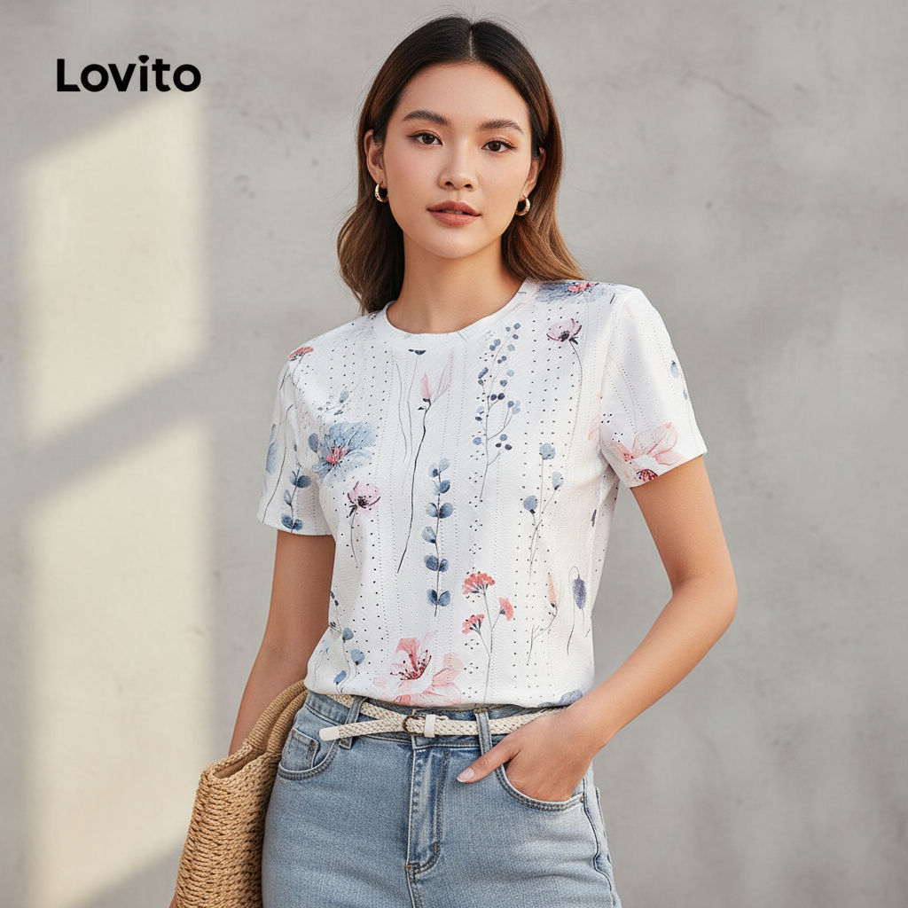 Lovito Refine Blusa Boho Jacquard Estampa Floral Feminina Verão Primavera LBL18859 em Oferta na Shopee