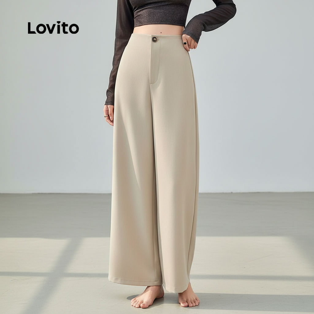 Lovito Calça Feminina Casual Lisa Com Botões, Calça Verão Primavera L132ED052 em Oferta na Shopee